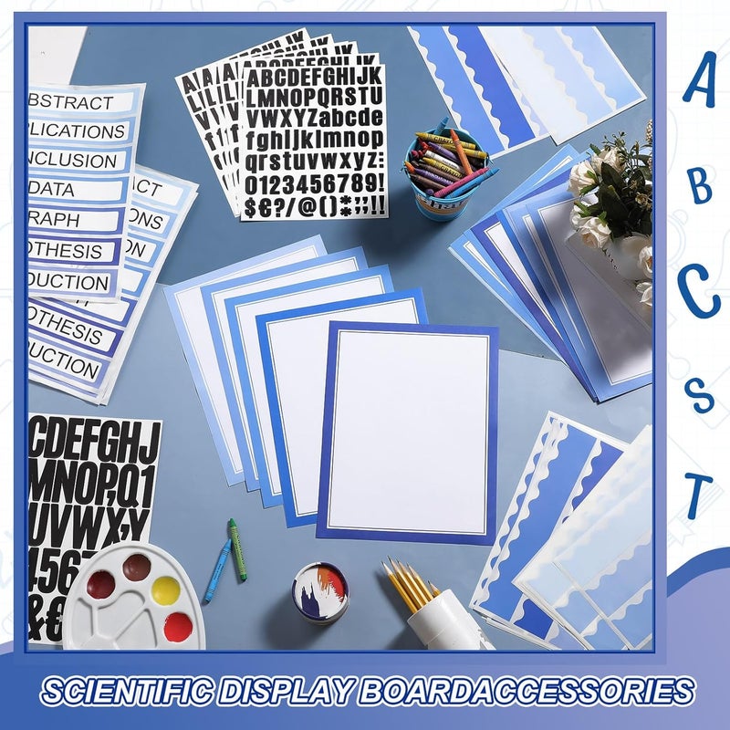 Sinload 92 Pcs Science Fair Board Supplies 60 Trim Scalloped Poster Boards 18 Presentation Subtitles 6 Project Titles 8 Letter Sticker for Classroom Display Boards(Blue Tone) - Image 4